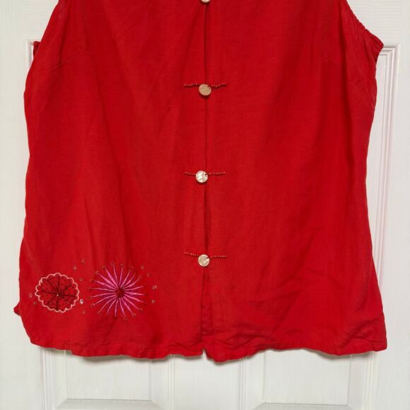 Jennifer Women Coral Red Sequin Embroidered Linen Blend Sleeveless Top Size 16 - Picture 3 of 16